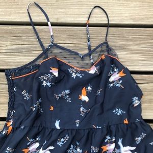 Navy Bird Print Dress with Lace Panel